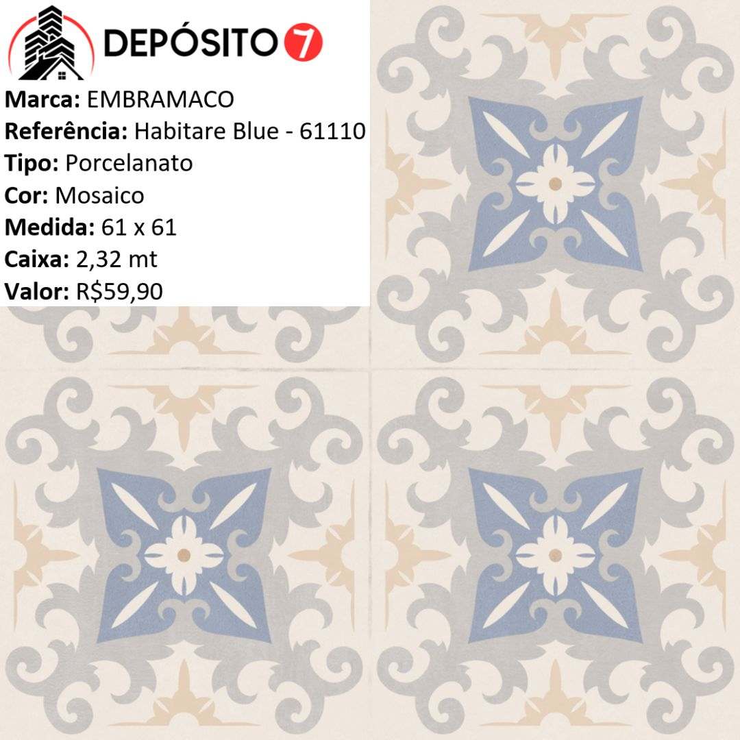 EMBRAMACO PORCELANATO 61 X 61 HABITARE BLUE 61110 (CAIXA COM 2,67MT)